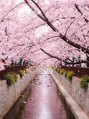 JPG 나무 편집이미지 꽃잎 꽃 분홍색 자연 바람 풍경 물 노란색 봄 산책 흐름 벚꽃 벚나무 강가 편집실사 AI포토 AI콘텐츠 자연요소 식물 계절 컬러 컨셉 날씨 휴식 강 CG 생태계 파일형식