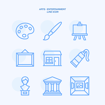 아이콘 직업 건축물 회사 미술 조형물 파일형식 벡터 예술 기획사 붓 팔레트 액자 조각상 건물 그림 디자인 창작 작품 미술관 화가 예술가 2D아이콘 AI파일