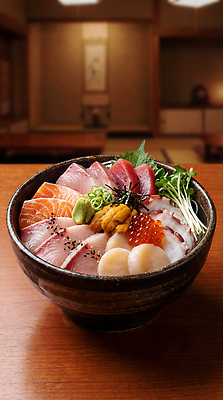 JPG 편집이미지 음식 탁자 요리 생선회 신선 고추냉이 해산물 덮밥 간장 토핑 성게 카이센동 편집실사 AI포토 AI콘텐츠 가구 극피동물 회 양념 CG 일본음식 파일형식