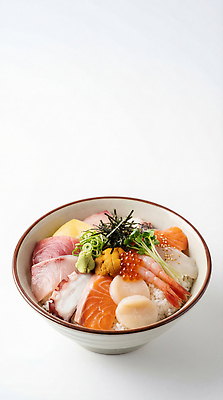 JPG 편집이미지 음식 새우 어류 요리 장식 식사 초밥 해조류 해산물 문어 연어 회덮밥 일본음식 카이센동 편집실사 AI포토 AI콘텐츠 연체동물 갑각류 수중동물 해양식물 CG 덮밥 파일형식