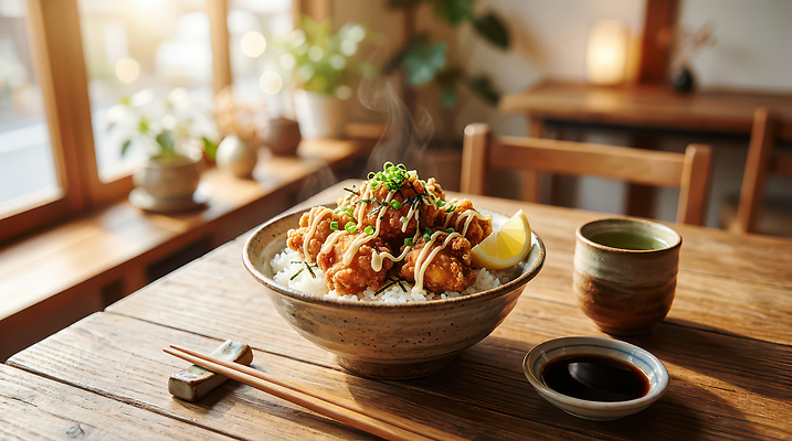 JPG 편집이미지 음식 식탁 탁자 밥 날씨 요리 햇빛 치킨 쌀 덮밥 간장 카라아게 편집실사 AI포토 AI콘텐츠 가라아게동 가구 곡류 태양 튀김 양념 CG 닭고기요리 일본음식 파일형식