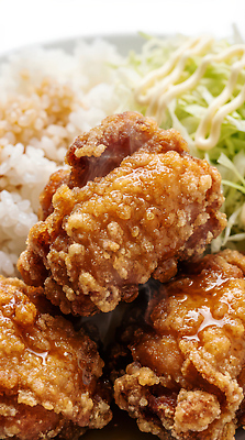 JPG 편집이미지 접시 음식 밥 반찬 요리 식사 치킨 샐러드 튀김 맛 양배추 볶음 간장 향 카라아게 편집실사 AI포토 AI콘텐츠 가라아게동 식기 컨셉 채소 양념 CG 덮밥 닭고기요리 일본음식 파일형식