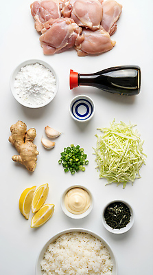 JPG 편집이미지 재료 밥 마늘 요리 닭고기 김 레몬 준비 양배추 레시피 생강 마요네즈 대파 카라아게 편집실사 AI포토 AI콘텐츠 가라아게동 음식 채소 과일 육류 튀김 소스_음식 해조류 CG 덮밥 파 일본음식 파일형식