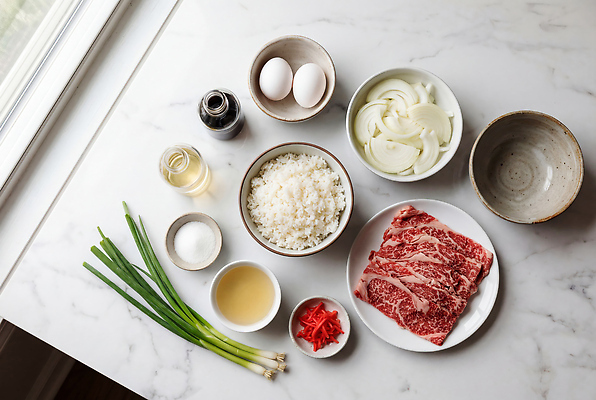 JPG 편집이미지 그릇 재료 식탁 밥 양파 육류 요리 계란 식용유 준비 간장 소금 볶음밥 대파 규동 편집실사 AI포토 AI콘텐츠 식기 음식 채소 식재료 탁자 알 양념 기름_음식 CG 덮밥 파 일본음식 파일형식