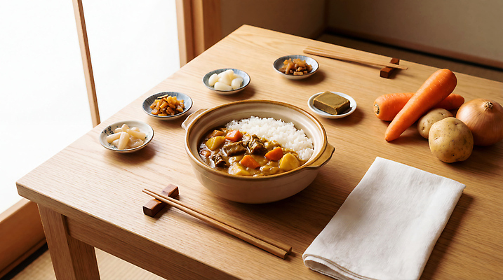 JPG 나무 편집이미지 그릇 음식 젓가락 식탁 밥 반찬 양파 감자 요리 주방 숟가락 당근 편집실사 AI포토 AI콘텐츠 카레동 식물 식기 채소 탁자 뿌리채소 수저 CG 덮밥 카레 일본음식 파일형식