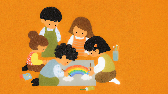 JPG 손 교육 어린이 컬러 무지개 일러스트 모션 놀이 탁자 친구 사각형 주황색 물감 도구 색칠 원형 즐거움 그림 상상력 창의력 국내일러스트 AI일러스트 AI콘텐츠 자연요소 도형 감정 가구 관계 사람 신체부위 미술도구 파일형식