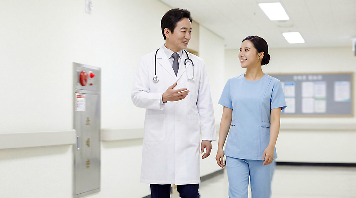 JPG 편집이미지 의학 건강 병원 이야기 대화 치료 걷기 환자 간호사 의사 업무 복도 역할 지원 의료성형뷰티 편집실사 AI인물포토 AI콘텐츠 모션 말하기 의료진 작업 CG 파일형식 AI포토