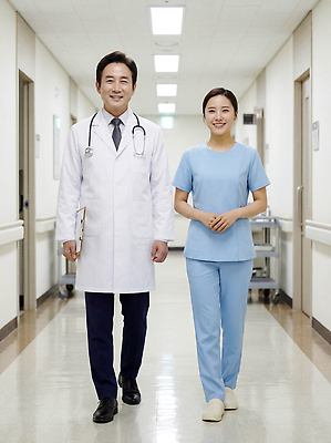 JPG 주간 편집이미지 유니폼 의학 협력 건강 병원 치료 걷기 진료 환자 간호사 의사 복도 동료 의료성형뷰티 편집실사 AI인물포토 AI콘텐츠 자연요소 옷 관계 모션 의료진 CG 파일형식 AI포토