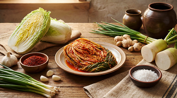 JPG 편집이미지 전통 음식 재료 탁자 양파 김치 한국 마늘 요리 무 배추 소금 생강 고춧가루 편집실사 AI포토 AI콘텐츠 아시아 한식 가구 채소 뿌리채소 가루 CG 파일형식