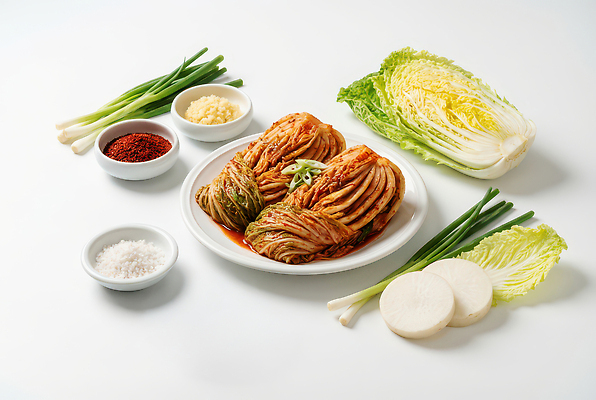 JPG 편집이미지 한식 채소 재료 반찬 김치 마늘 요리 무 배추 소금 발효 생강 대파 고춧가루 편집실사 AI포토 AI콘텐츠 음식 뿌리채소 가루 CG 파 파일형식