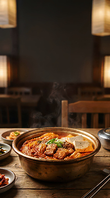 JPG 편집이미지 한식 음식 식탁 반찬 따뜻함 요리 주방 식사 맛 저녁 찌개 준비 김치찌개 돼지고기김치찌개 편집실사 AI포토 AI콘텐츠 컨셉 탁자 야간 CG 파일형식