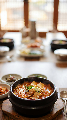 JPG 편집이미지 전통 한식 음식 식탁 반찬 한국 요리 식당 식사 냄비 고객 밥상 김치찌개 돼지고기김치찌개 편집실사 AI포토 AI콘텐츠 아시아 탁자 상점 솥 찌개 CG 파일형식