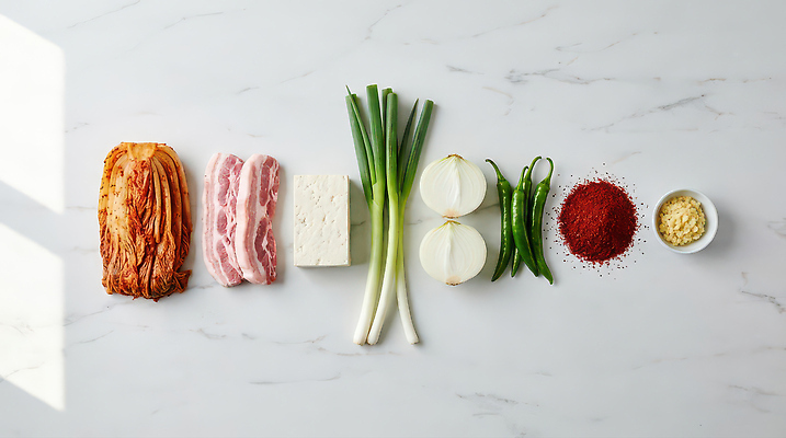 JPG 편집이미지 한식 음식 재료 고추 김치 돼지고기 요리 주방 무 준비 두부 레시피 생강 대파 김치찌개 고춧가루 돼지고기김치찌개 편집실사 AI포토 AI콘텐츠 채소 뿌리채소 육류 찌개 가루 CG 파 파일형식