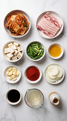 JPG 편집이미지 한식 재료 양파 마늘 육류 돼지고기 요리 주방 식용유 준비 두부 파 육수 김치찌개 고춧가루 돼지고기김치찌개 편집실사 AI포토 AI콘텐츠 음식 채소 식재료 기름_음식 찌개 가루 CG 파일형식