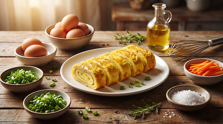 JPG 편집이미지 접시 음식 재료 주방용품 요리 주방 계란 식사 당근 소금 거품기 파 계란말이 나무탁자 편집실사 AI포토 AI콘텐츠 식기 생활용품 채소 탁자 뿌리채소 알 계란요리 CG 파일형식