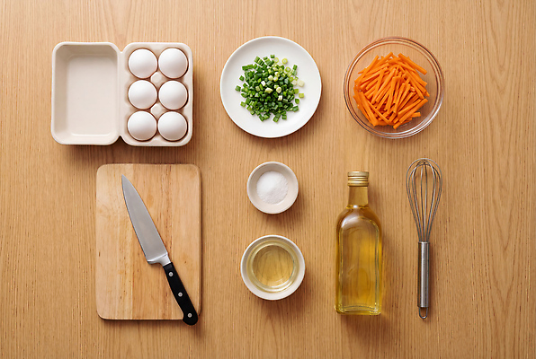 JPG 편집이미지 그릇 채소 재료 도마 요리 주방 계란 당근 칼 준비 소금 파 계란말이 다지기 편집실사 AI포토 AI콘텐츠 식기 주방용품 뿌리채소 알 계란요리 CG 파일형식