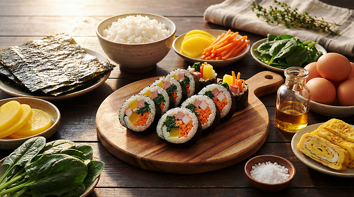 JPG 편집이미지 음식 채소 재료 밥 요리 계란 식사 당근 저녁 준비 김밥 소금 시금치 나무도마 편집실사 AI포토 AI콘텐츠 뿌리채소 도마 목재 알 야간 CG 파일형식