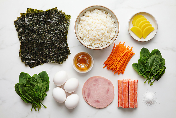 JPG 편집이미지 한식 재료 식탁 밥 요리 주방 계란 당근 김 준비 김밥 햄 시금치 건강식 맛살 편집실사 AI포토 AI콘텐츠 음식 채소 탁자 뿌리채소 육류 알 해조류 CG 파일형식