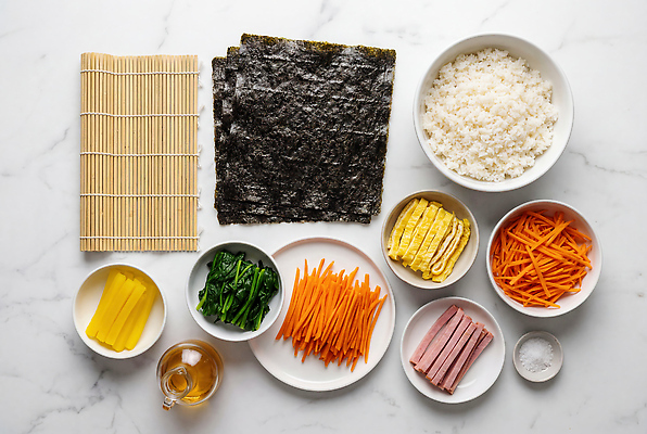 JPG 편집이미지 한식 음식 식재료 재료 밥 요리 주방 계란 당근 김 김밥 햄 시금치 김발 편집실사 AI포토 AI콘텐츠 채소 뿌리채소 육류 알 해조류 CG 파일형식