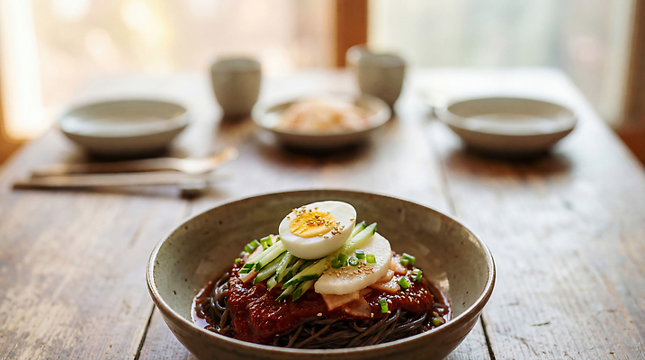 JPG 나무 편집이미지 그릇 한식 음식 탁자 오이 요리 계란 식사 저녁 점심 파 비빔냉면 비빔국수 식사준비 편집실사 AI포토 AI콘텐츠 식물 식기 가구 채소 알 야간 CG 국수 준비 냉면 파일형식