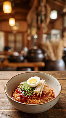 JPG 편집이미지 전통 음식 채소 식탁 조명 한국 요리 장식 식당 계란 식사 면류 간장 비빔냉면 면발 편집실사 AI포토 AI콘텐츠 아시아 탁자 상점 알 양념 CG 냉면 파일형식