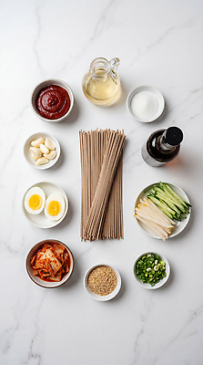 JPG 편집이미지 음식 재료 김치 오이 마늘 요리 계란 식사 고추장 메밀국수 간장 깨 비빔냉면 대파 식초 편집실사 AI포토 AI콘텐츠 한식 채소 식재료 알 면류 양념 조미료 CG 냉면 파 파일형식