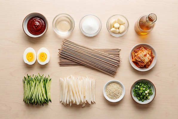 JPG 편집이미지 채소 재료 김치 오이 요리 주방 계란 면류 무 설탕 국수 비빔냉면 식초 편집실사 AI포토 AI콘텐츠 한식 음식 뿌리채소 알 CG 냉면 파일형식