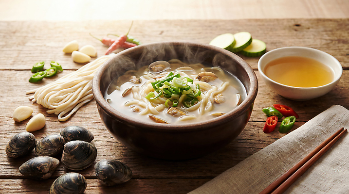 JPG 편집이미지 그릇 채소 재료 고추 탁자 조개 마늘 요리 식사 뜨거움 국수 레시피 국물 바지락 바지락칼국수 편집실사 AI포토 AI콘텐츠 식기 음식 가구 어패류 면류 CG 칼국수 파일형식