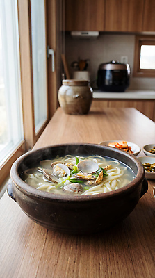 JPG 편집이미지 한식 음식 반찬 요리 주방 식사 수증기 해산물 점심 나무탁자 바지락 바지락칼국수 해물칼국수 편집실사 AI포토 AI콘텐츠 탁자 조개 CG 칼국수 파일형식