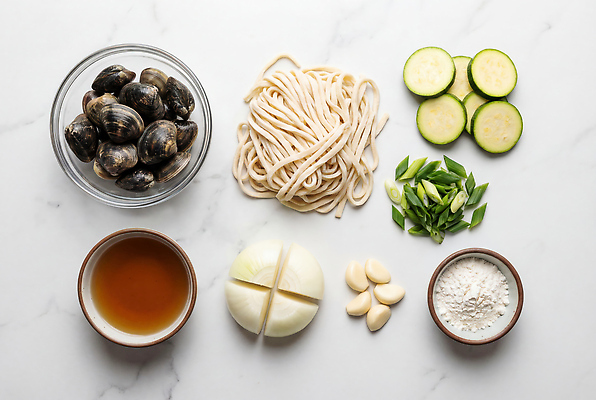 JPG 편집이미지 재료 조개 마늘 요리 물 주방 식사 면류 해산물 애호박 대파 바지락 바지락칼국수 요리준비 편집실사 AI포토 AI콘텐츠 자연요소 음식 채소 호박 어패류 CG 준비 파 칼국수 파일형식