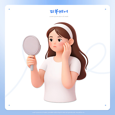 PSD 편집이미지 캐릭터 손 여자 감정 얼굴 생각 아침 실내 관리 거울 표현 관찰 피부 고민 피부관리 편집3D 주간 모션 사람 내부 신체부위 뷰티 3D 파일형식
