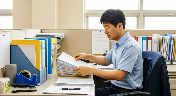 JPG 편집이미지 남자 일상 컴퓨터 사무실 환경 사무용품 작업 사무원 집중 책상 문서 폴더 정리 오후 의료성형뷰티 편집실사 AI인물포토 AI콘텐츠 직업 가구 컨셉 비즈니스 문구용품 사람 라이프 전자제품 CG 파일 파일형식 AI포토