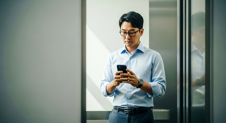 JPG 편집이미지 남자 포즈 이동 생각 직장 일상 스마트폰 사무실 스크린 작업 엘리베이터 스크롤 심각 의료성형뷰티 편집실사 AI인물포토 AI콘텐츠 컨셉 회사 비즈니스 사람 라이프 핸드폰 스마트기기 CG 파일형식 AI포토