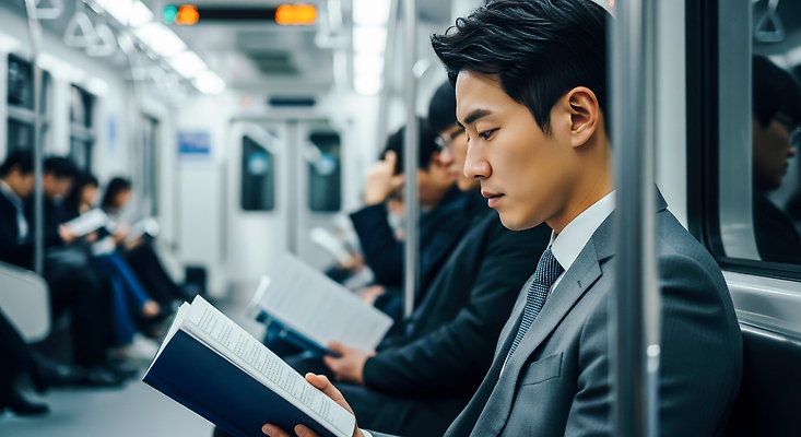 JPG 편집이미지 남자 이동 대중교통 여러명 일상 책 핸드폰 작업 전철 집중 읽기 출근 일과 승객 의료성형뷰티 편집실사 AI인물포토 AI콘텐츠 육상교통 교통수단 다수 컨셉 모션 사람 라이프 전자제품 CG 출퇴근 파일형식 AI포토