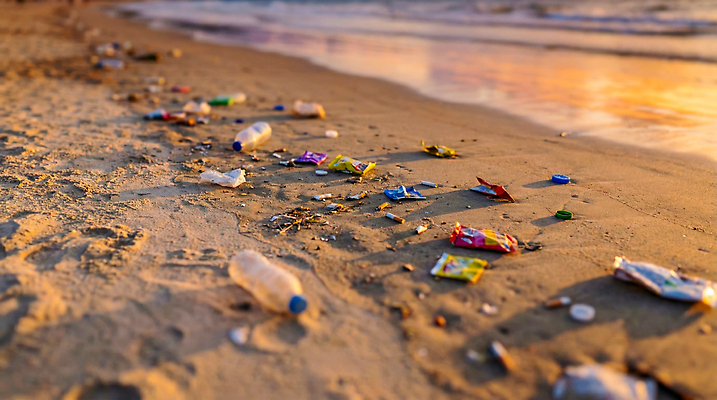 JPG 편집이미지 바다 자연 해변 환경 일몰 쓰레기통 오염 쓰레기 플라스틱 청소 습관 편집실사 AI컴퓨터그래픽 AI콘텐츠 재질 노을 CG 생태계 파일형식