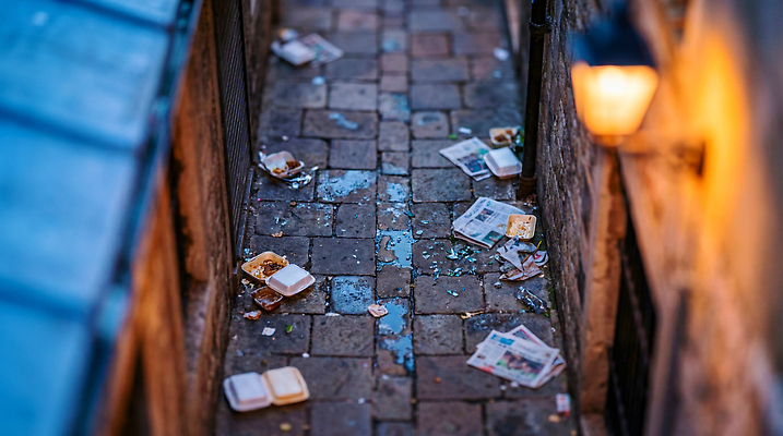 JPG 편집이미지 음식 가로등 거리 도시 빈티지 신문 혼잡 쓰레기 파편 저녁 오솔길 청소 편집실사 AI컴퓨터그래픽 AI콘텐츠 공공시설 길 컨셉 간행물 뉴스 야간 CG 파일형식