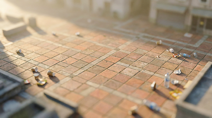 JPG 편집이미지 길 거리 바닥 풍경 햇빛 환경 재활용 쓰레기통 도시 쓰레기 청소 정리 빈병 편집실사 AI컴퓨터그래픽 AI콘텐츠 병_용기 태양 CG 친환경 파일형식