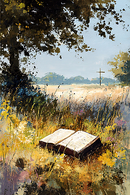 JPG 나무 식물 종교 십자가 일러스트 자연 하늘 풍경 초원 책 여름 햇빛 성경 들꽃 농촌 그림 조용 평야 국내일러스트 AI일러스트 AI콘텐츠 계절 꽃 종교용품 태양 시골 생태계 파일형식