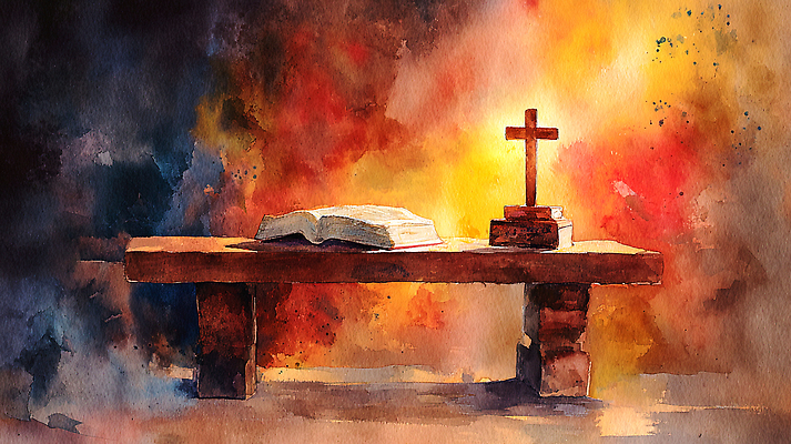 JPG 기독교 종교 예술 백그라운드 십자가 일러스트 수채화 빛 성경 기도 오브젝트 작품 예배 장면 신성 위로 나무탁자 색채 영감 국내일러스트 AI일러스트 AI콘텐츠 종교용품 탁자 미술 파일형식
