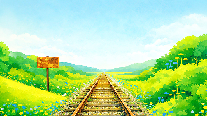 JPG 꽃 길 여행 일러스트 자연 하늘 산 풍경 초원 초록색 햇빛 노란색 기찻길 기차 표지판 평야 경관 국내일러스트 AI일러스트 AI콘텐츠 식물 육상교통 컬러 대중교통 알림판 태양 생태계 파일형식