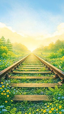 JPG 나무 식물 꽃 길 여행 꽃밭 일러스트 자연 하늘 생명 풍경 초록색 여름 햇빛 일몰 기찻길 기차 숲 조경 선로 국내일러스트 AI일러스트 AI콘텐츠 계절 육상교통 컬러 대중교통 태양 노을 생태계 파일형식