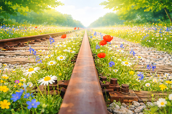 JPG 나무 꽃 길 꽃밭 일러스트 자연 하늘 바닥 초원 초록색 여름 햇빛 소리 산책 기찻길 기차 데이지 조경 양귀비 수선화 국내일러스트 AI일러스트 AI콘텐츠 식물 계절 육상교통 컬러 휴식 대중교통 태양 생태계 파일형식