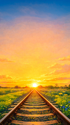 JPG 꽃 여행 일러스트 자연 하늘 풍경 초원 초록색 여름 빛 태양 일몰 기찻길 기차 저녁 땅 국내일러스트 AI일러스트 AI콘텐츠 자연요소 식물 계절 육상교통 컬러 대중교통 노을 야간 생태계 파일형식