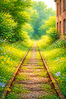 JPG 나무 식물 꽃 길 일러스트 자연 하늘 풍경 잔디 초록색 여름 햇빛 봄 기찻길 장면 조용 길가 국내일러스트 AI일러스트 AI콘텐츠 계절 컬러 태양 생태계 파일형식