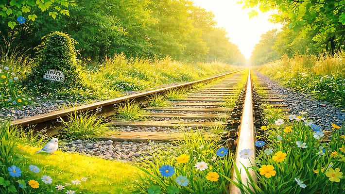 JPG 나무 꽃 길 일러스트 자연 조류 풍경 초원 여름 햇빛 평화 환경 정원 산책 기찻길 공간 잠김 기차 선로 탐방 국내일러스트 AI일러스트 AI콘텐츠 식물 동물 계절 육상교통 컨셉 휴식 대중교통 태양 생태계 파일형식
