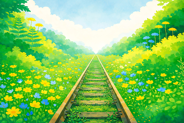 JPG 식물 꽃 화초 꽃밭 일러스트 자연 하늘 풍경 초원 여름 파란색 노란색 환경 산책 기찻길 숲 조경 선로 국내일러스트 AI일러스트 AI콘텐츠 계절 컬러 휴식 생태계 파일형식