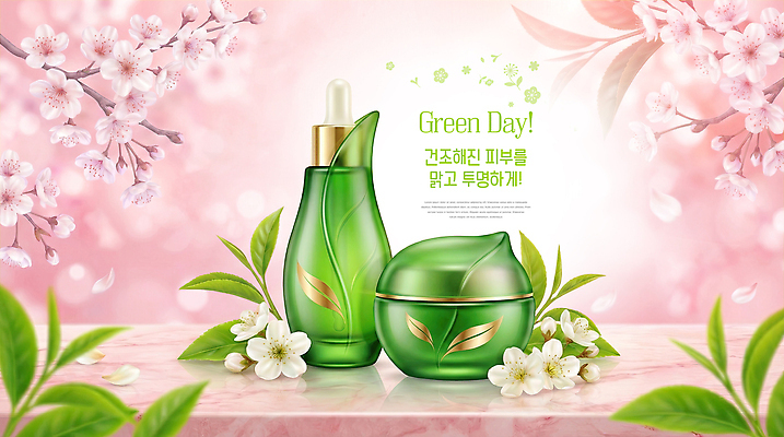 PSD 편집이미지 디자인 꽃 자연 건강 초록색 뷰티 봄 화장품 상품 알림 피부 스킨케어 그린데이 기초 보습 이미지편집 식물 계절 컬러 데이이벤트 신체부위 생태계 파일형식