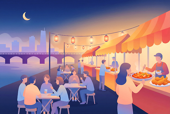 JPG 음식 의자 일러스트 가족 탁자 조명 거리 대화 미소 이벤트 여러명 친구 강 상점 저녁 먹기 한강 군것질 야시장 맛있는 국내일러스트 AI일러스트 AI콘텐츠 가구 다수 관계 모션 디저트 서울 표정 말하기 사람 시장 야간 랜드마크 파일형식