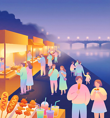 JPG 음료 음악 음식 일러스트 가족 놀이 아침 아이스크림 디저트 대화 이벤트 여러명 야외 강 시장 도심 저녁 강가 즐거움 한강 먹거리 야시장 국내일러스트 AI일러스트 AI콘텐츠 주간 감정 다수 관계 문화예술 서울 말하기 사람 도시 야간 랜드마크 파일형식