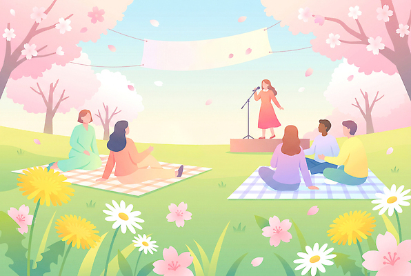 JPG 나무 동물 계절 공원 꽃 음악 패턴 일러스트 노래 잔디 여러명 취미 여름 친구 소풍 봄 공연 모임 무대 담요 즐거움 벚꽃축제 국내일러스트 AI일러스트 AI콘텐츠 식물 공공시설 감정 다수 무늬 관계 문화예술 사람 이벤트 야외활동 축제 벚꽃 꽃축제 파일형식